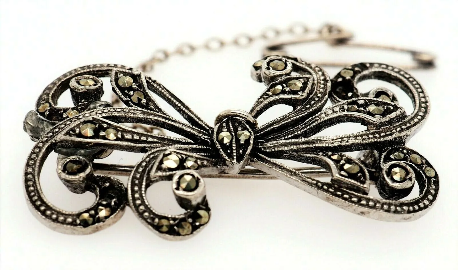 Marcasite Sterling Silver Bow Brooch with Safety Chain