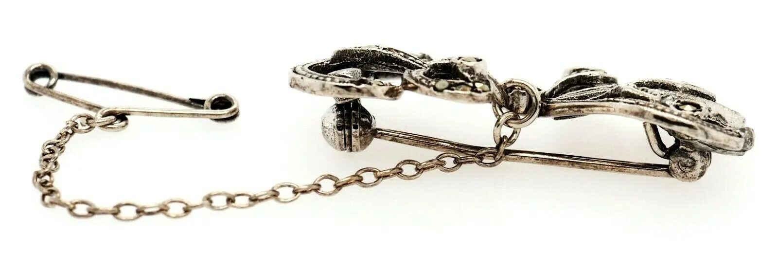 Marcasite Sterling Silver Bow Brooch with Safety Chain