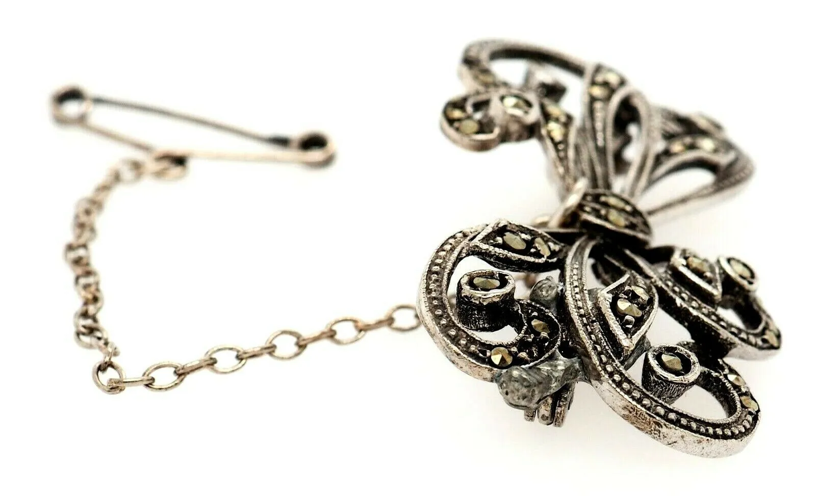 Marcasite Sterling Silver Bow Brooch with Safety Chain