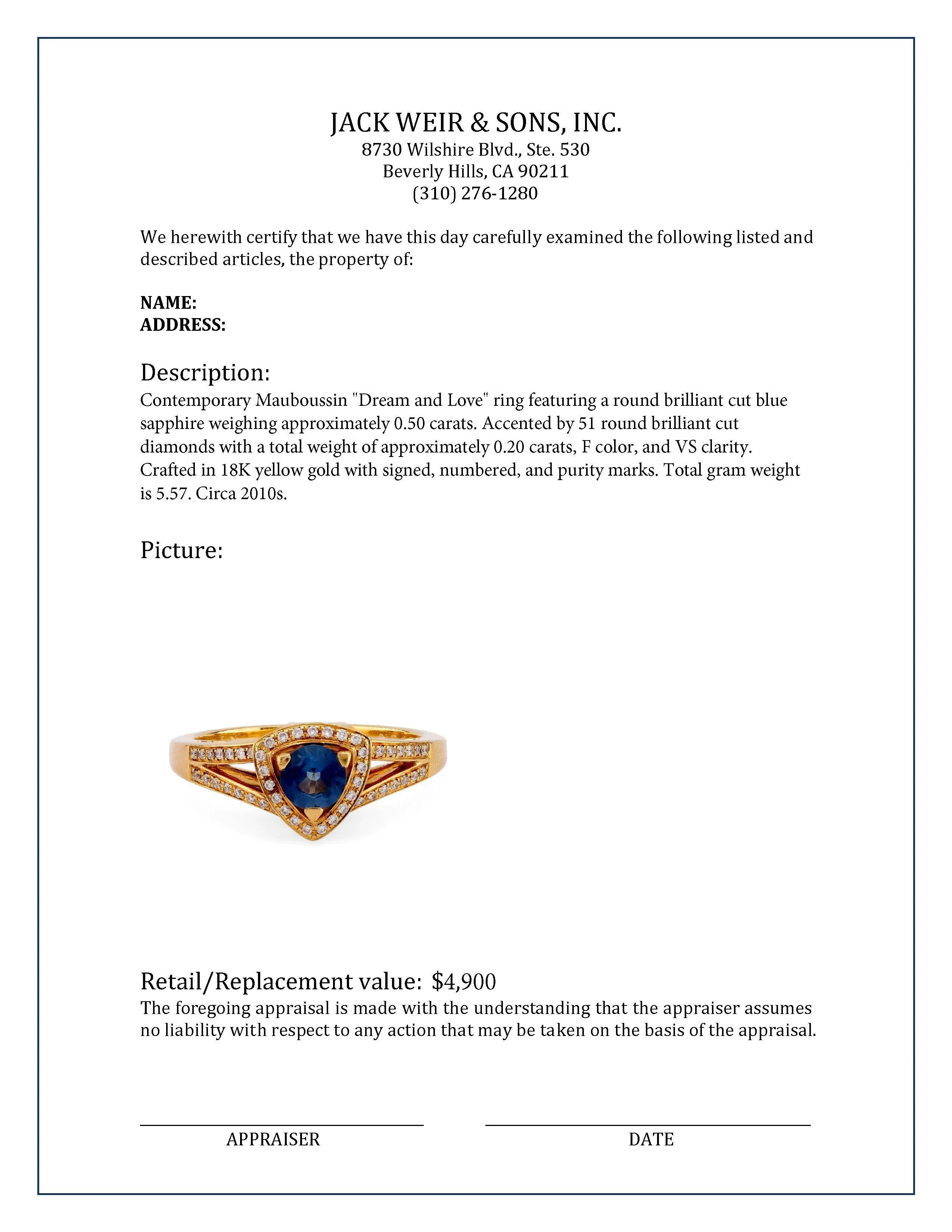 Mauboussin Sapphire Diamond 18K Yellow Gold Dream and Love Ring