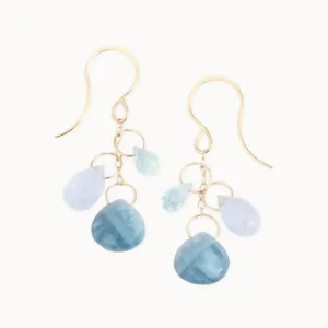 Melissa Joy Manning 14k Gold Blue Topaz, Chalcedony   Blue Opal Triple Drop Chain Earrings