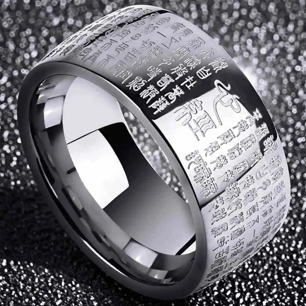 Men's Feng Shui Buddha Ring - Stainless Steel Heart Sutra Jewelry