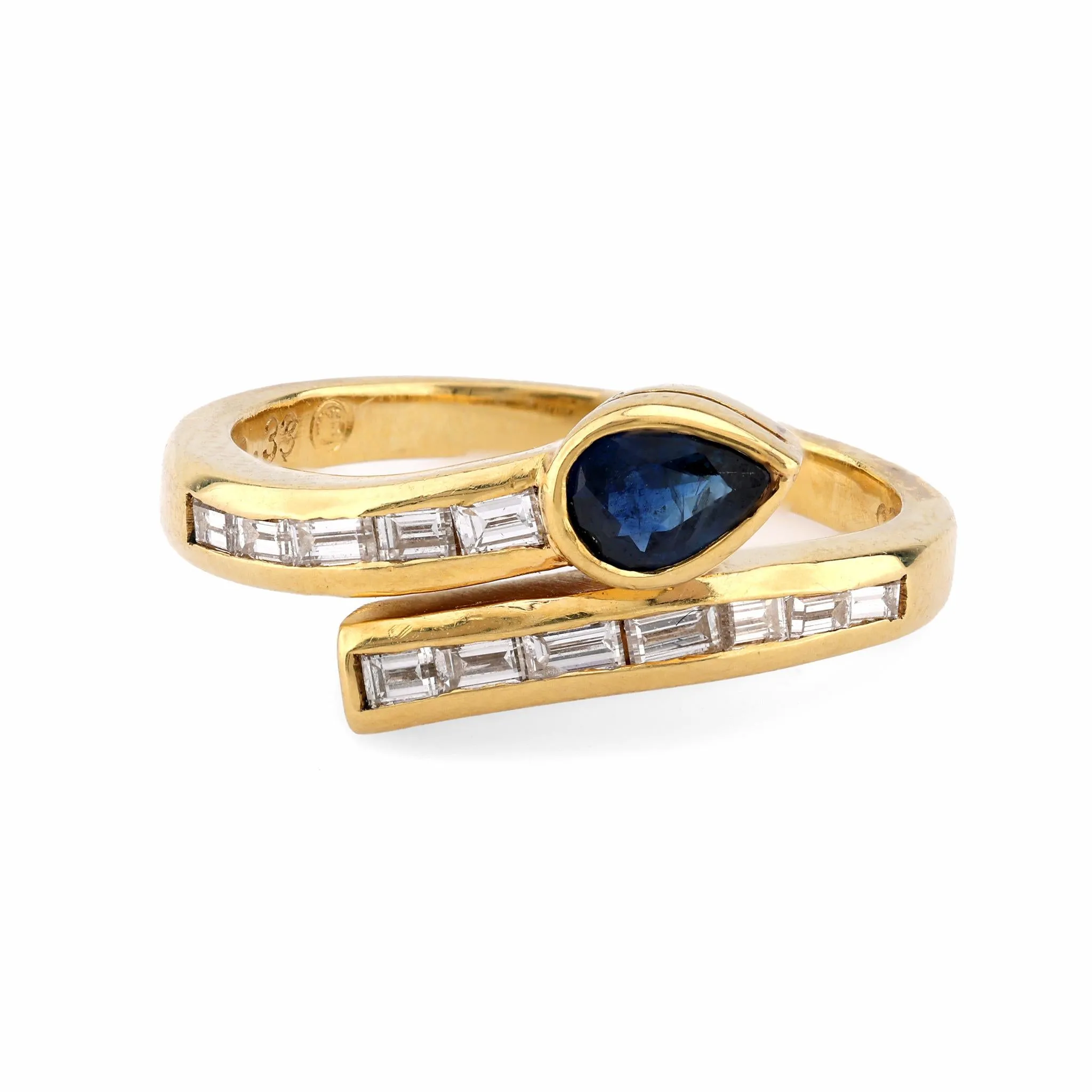 Modern Sapphire Diamond 18K Yellow Gold Snake Bypass Ring