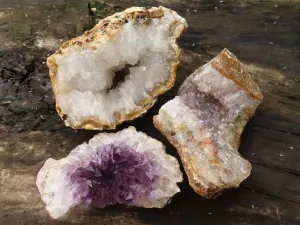 Natural Amethyst & Crystal Centered Geodes x 3 From Zululand, South Africa