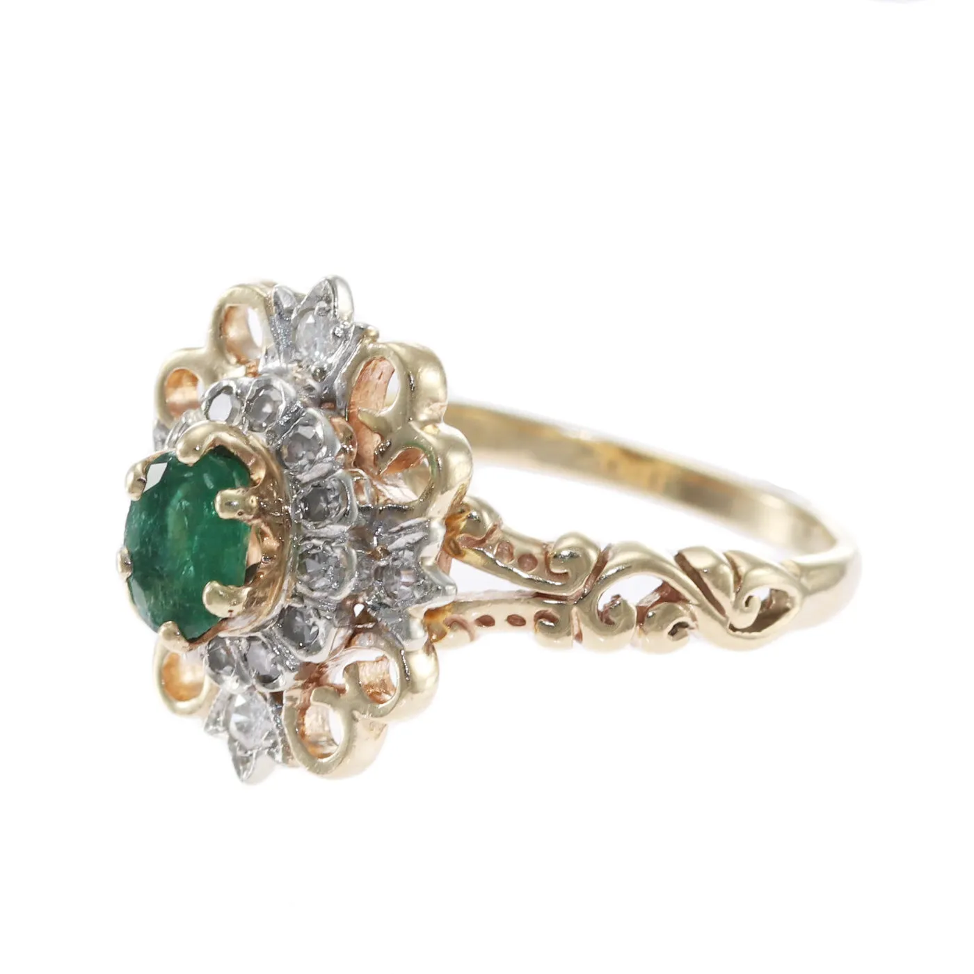 Natural Emerald Diamond Crusades Cross Flower Cocktail Ring 14k Yellow Gold