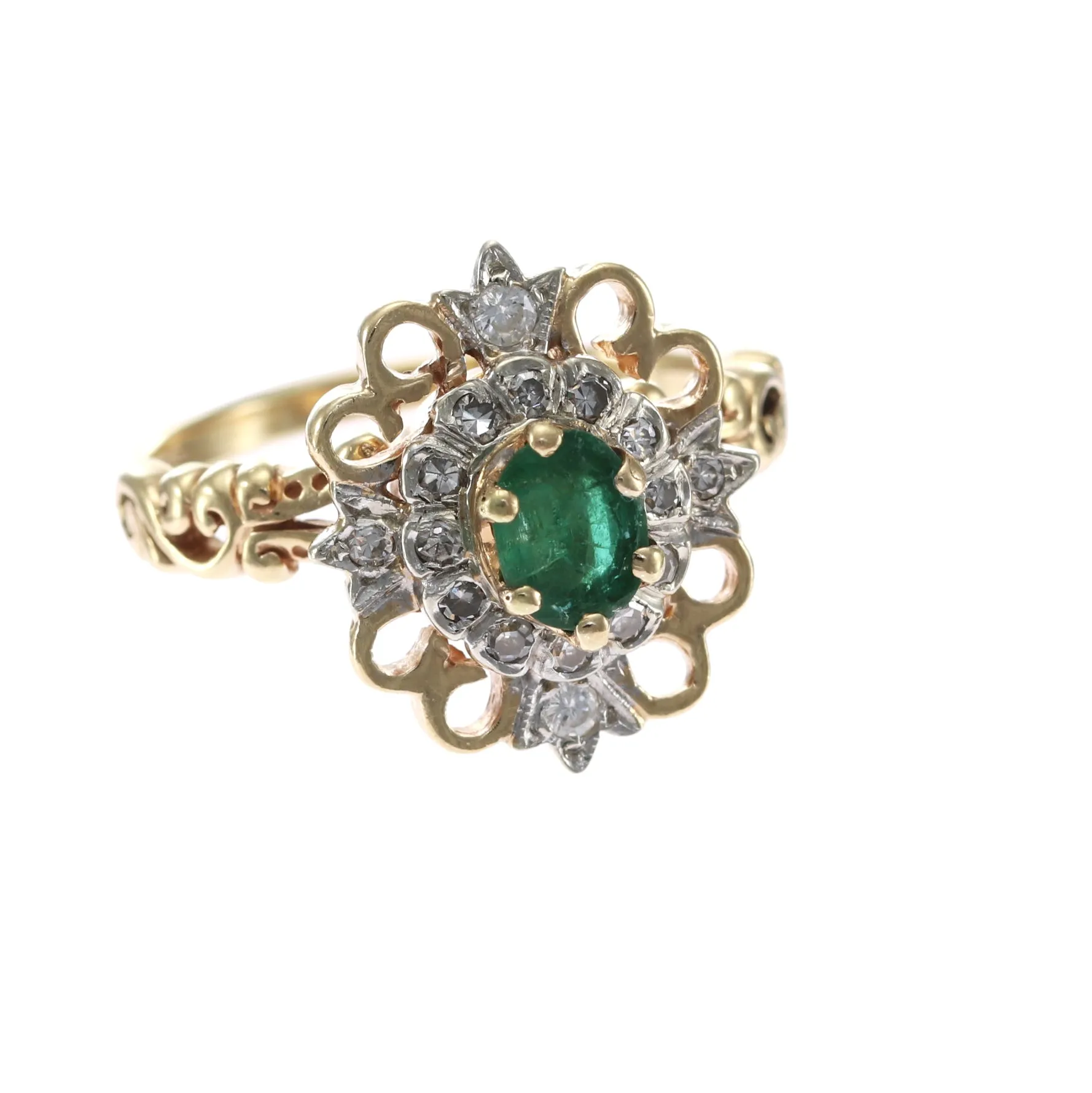 Natural Emerald Diamond Crusades Cross Flower Cocktail Ring 14k Yellow Gold