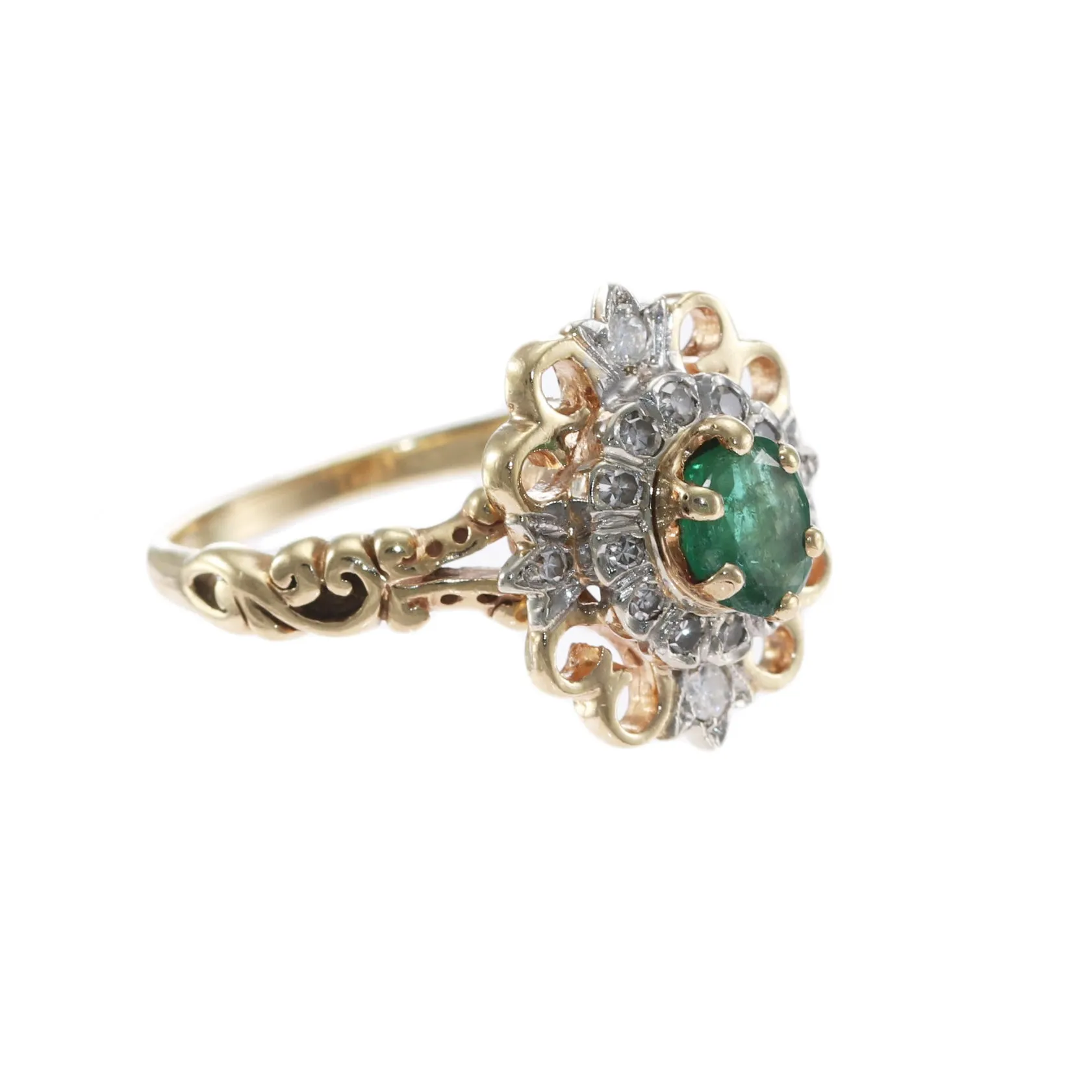 Natural Emerald Diamond Crusades Cross Flower Cocktail Ring 14k Yellow Gold