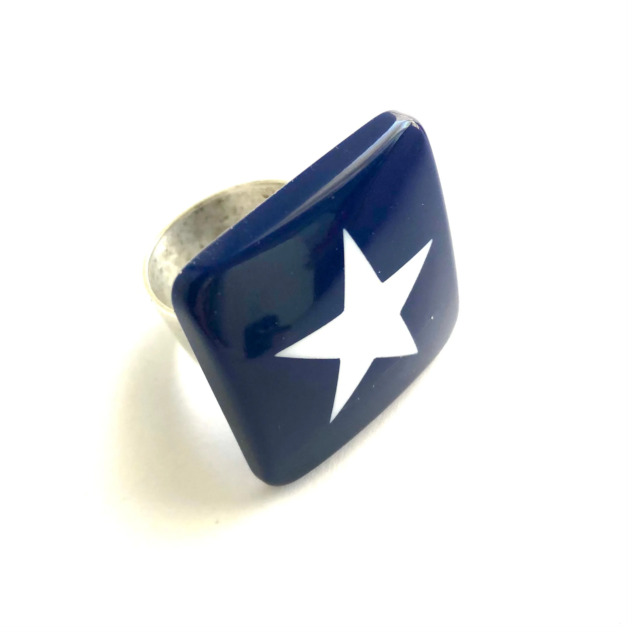 Navy Blue & White Star Lucite Silver Cocktail Ring