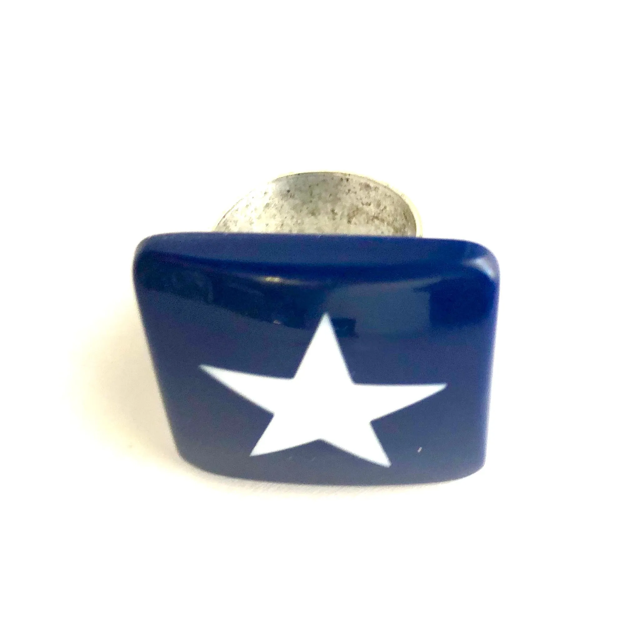 Navy Blue & White Star Lucite Silver Cocktail Ring