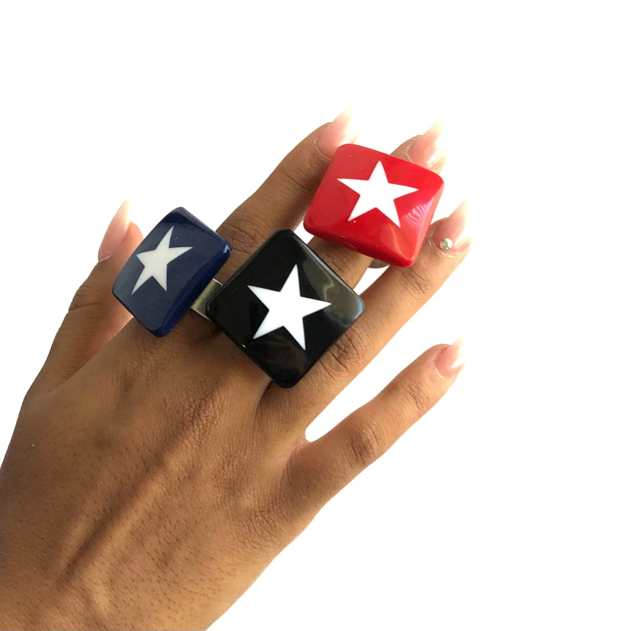 Navy Blue & White Star Lucite Silver Cocktail Ring