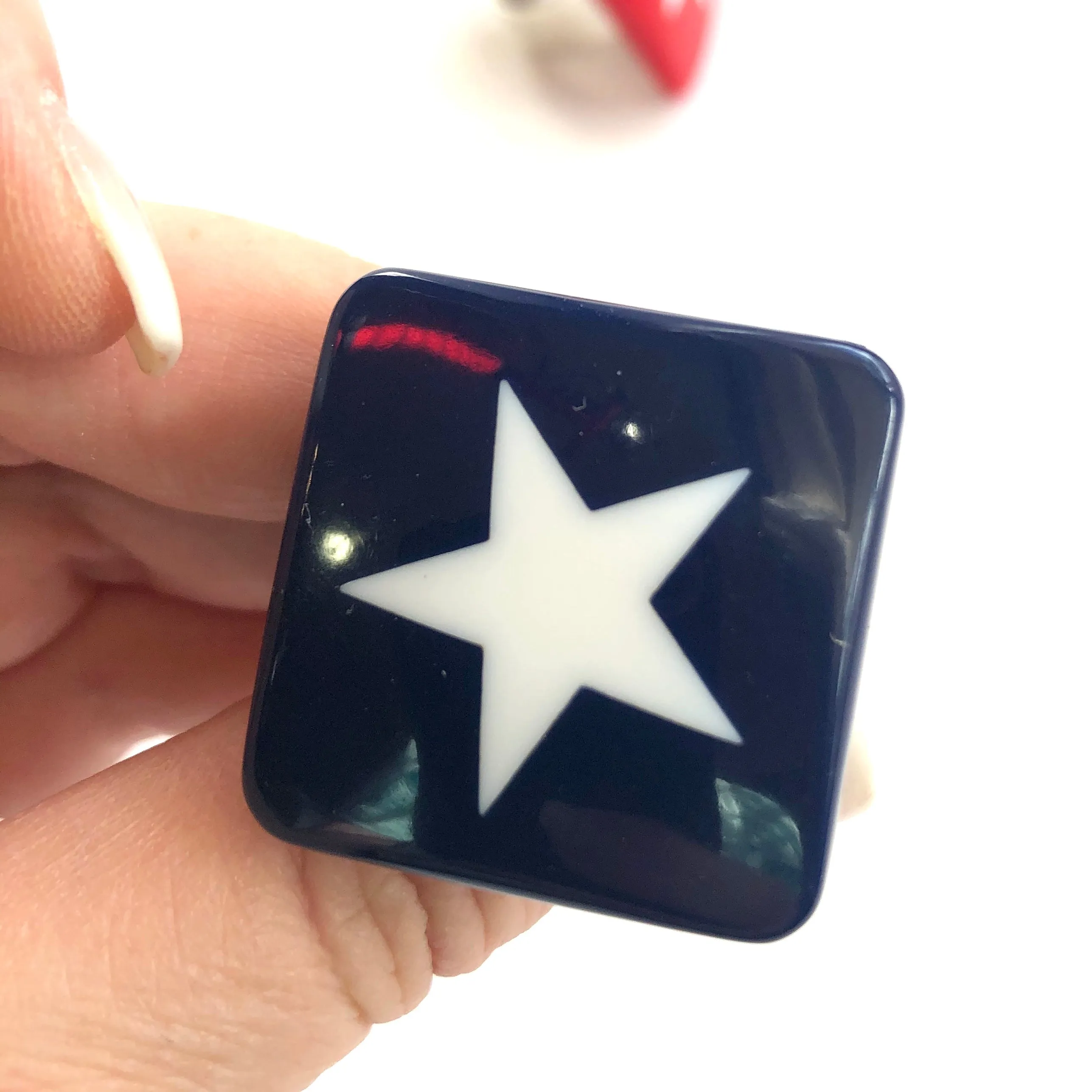 Navy Blue & White Star Lucite Silver Cocktail Ring