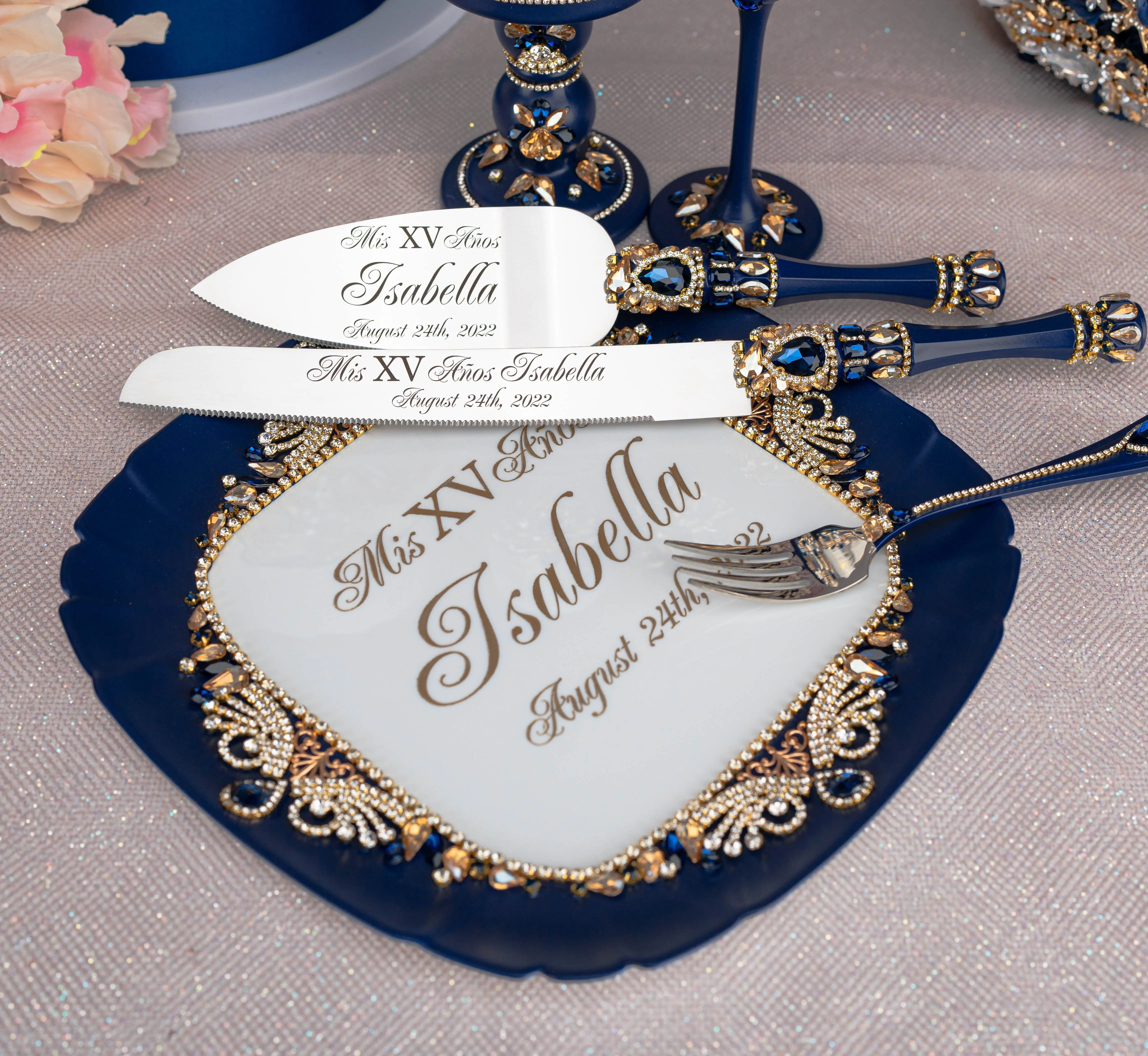 Navy blue with gold quinceanera bouquet 13 inches