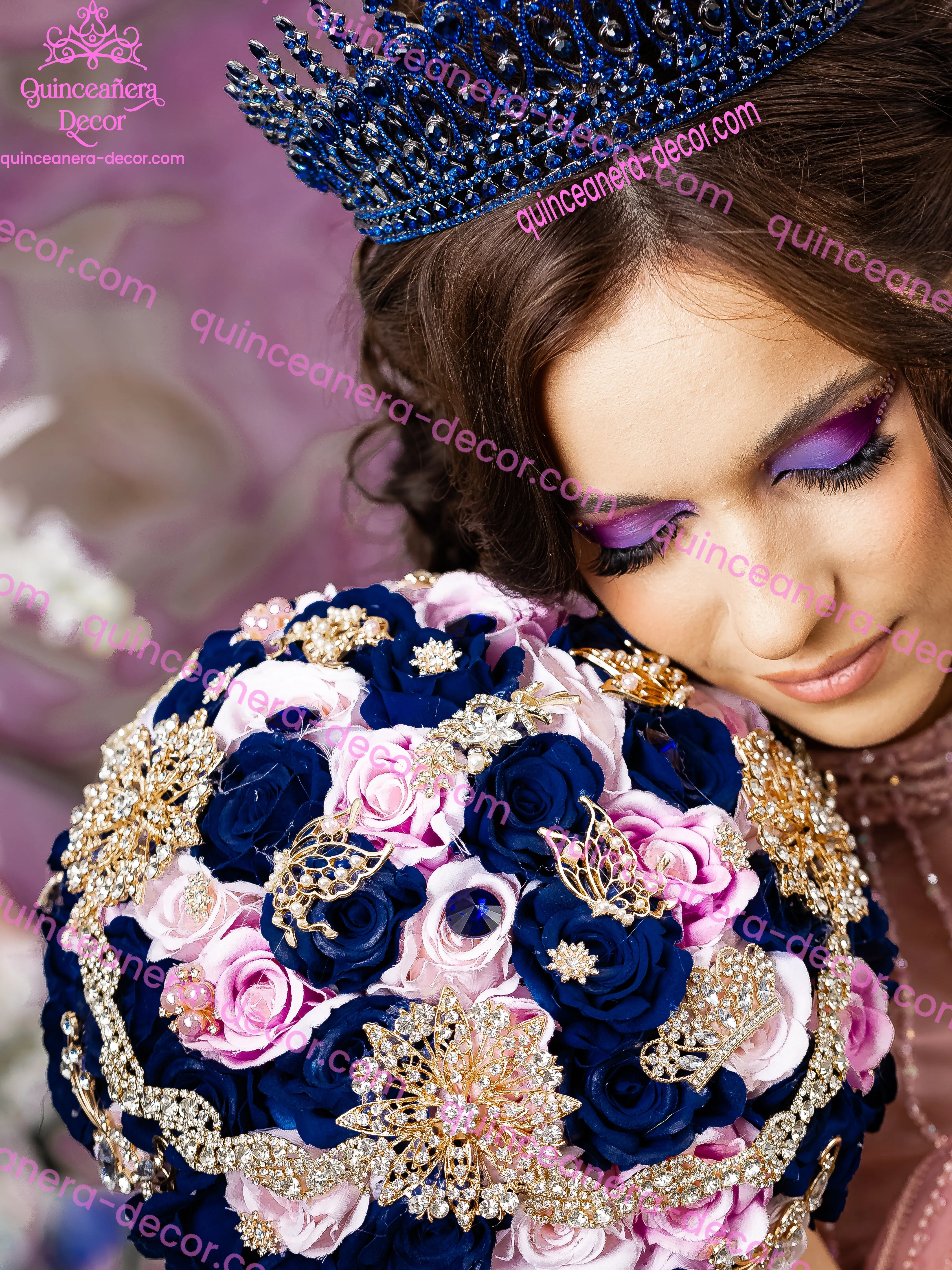 Navy Blue with pink quinceanera bouquet 9 inches