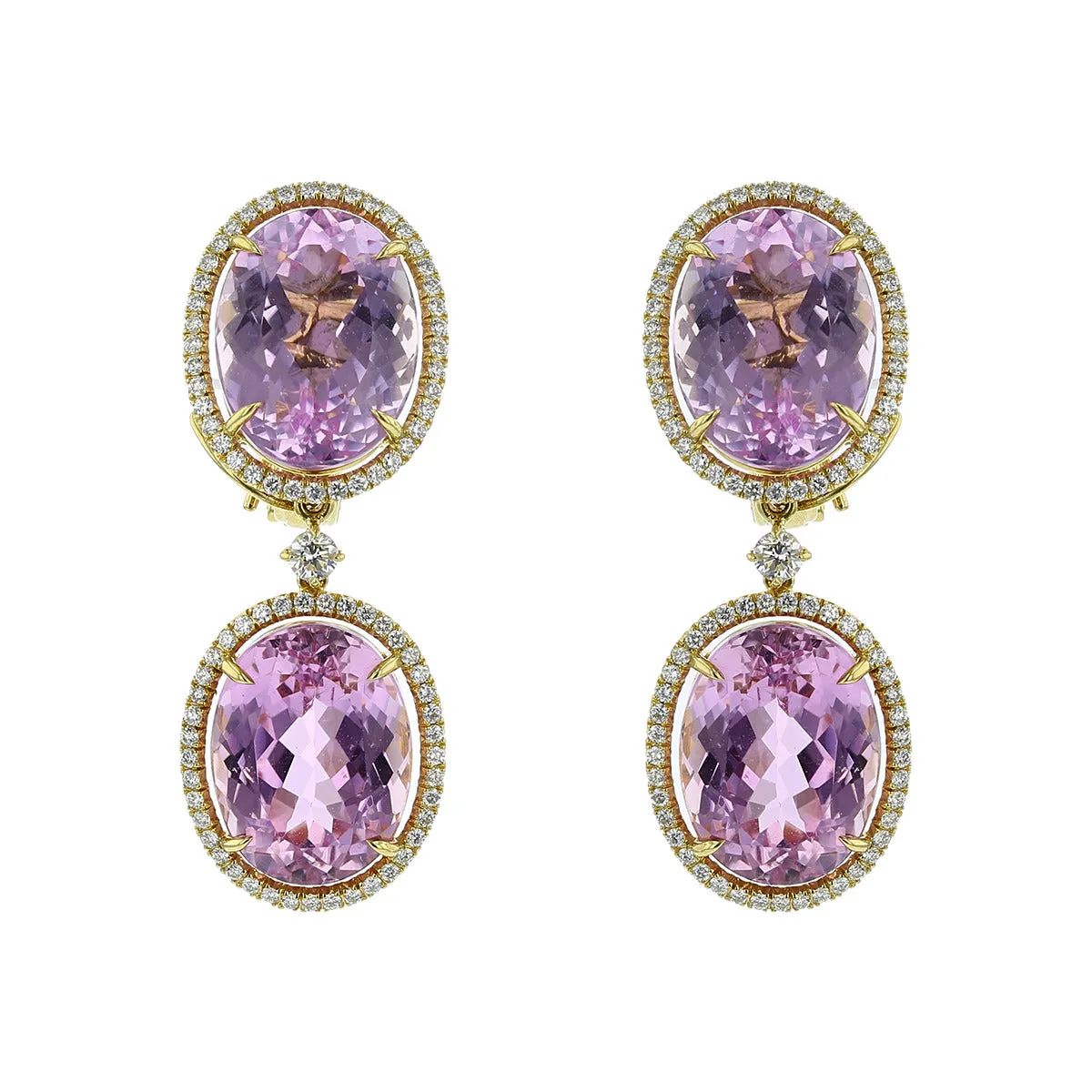 Oval Kunzite and Diamond Halo Drop Earrings