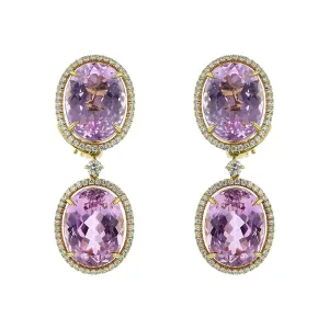 Oval Kunzite and Diamond Halo Drop Earrings