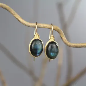 Oval Labradorite Wire Wrapped Earrings