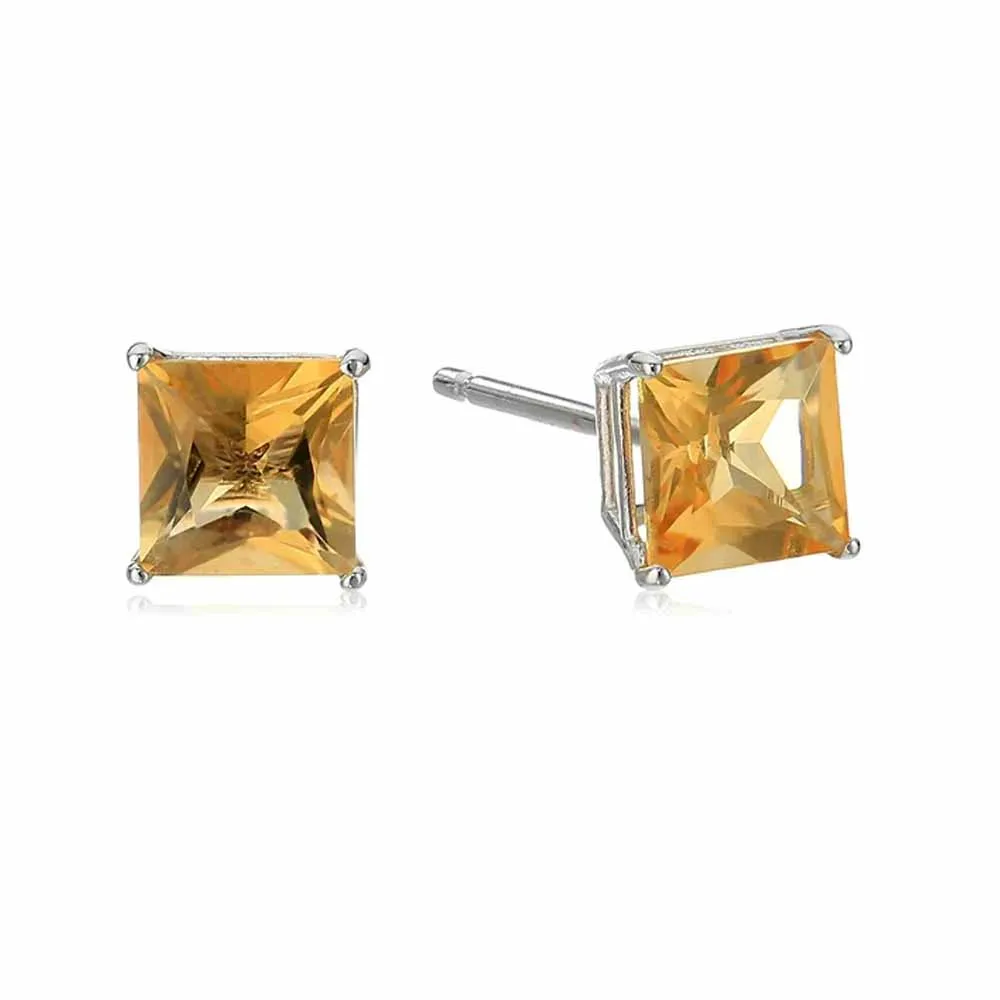 Paris Jewelry 14k White Gold Push Back Princess Created Citrine Sapphire Stud Earrings 4mm