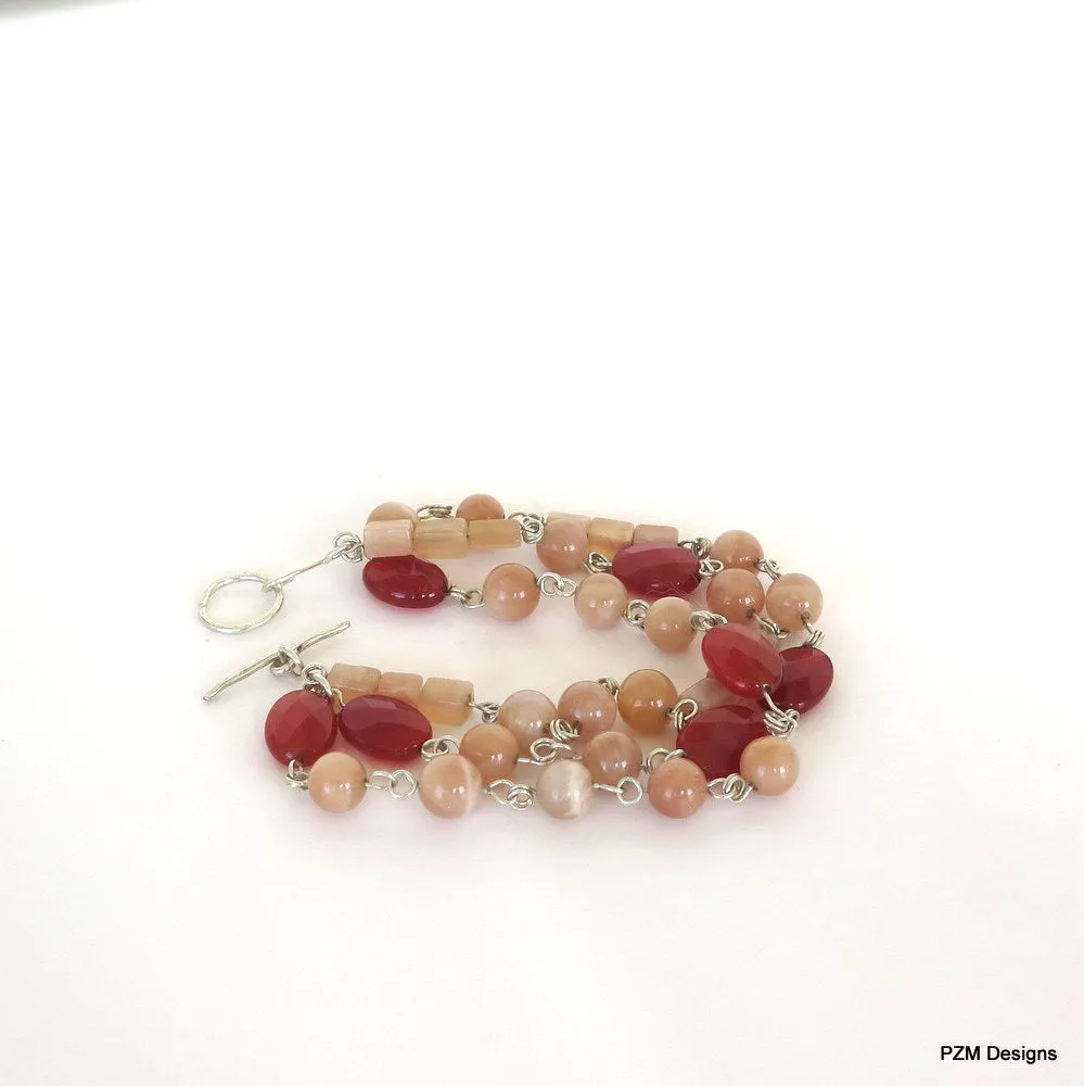 Peach Moonstone and Carnelian 3 Strand Bracelet, Gemstone Multi Strand Bracelet