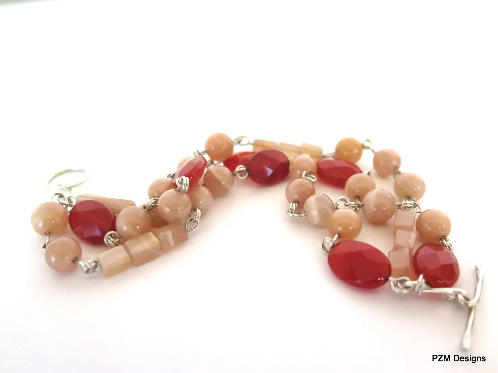 Peach Moonstone and Carnelian 3 Strand Bracelet, Gemstone Multi Strand Bracelet