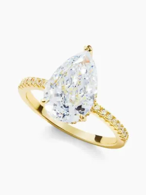 Pear Statement Ring, .925 Sterling Cubic Zirconia 18K Gold Plated Vacation Cocktail Ring