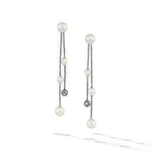 Pearl and Pave Two Row Drop Earrings in Sterling Silver with Diamonds