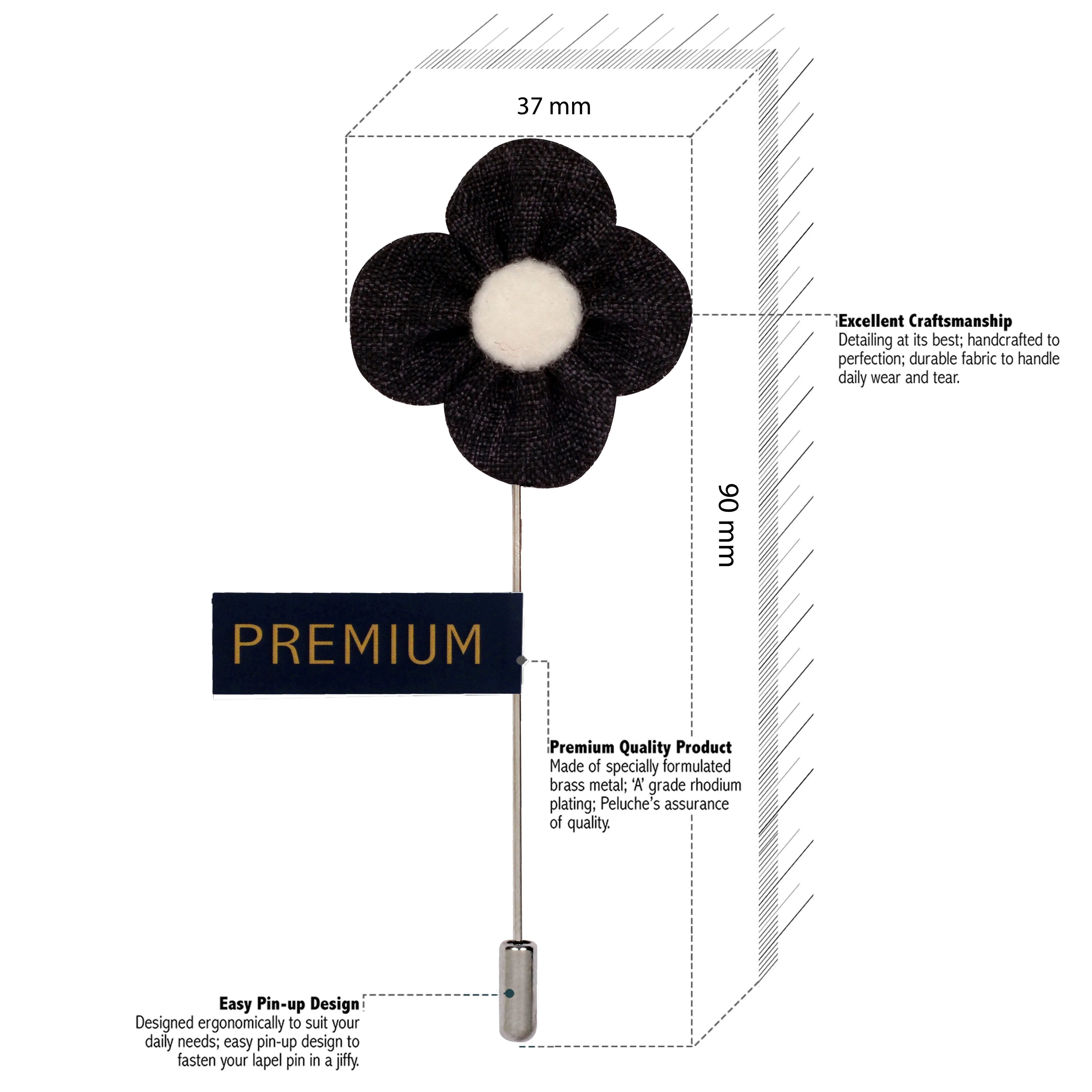 Peluche The Four Petal Classic Flower Black, White Brooch Lapel Pin