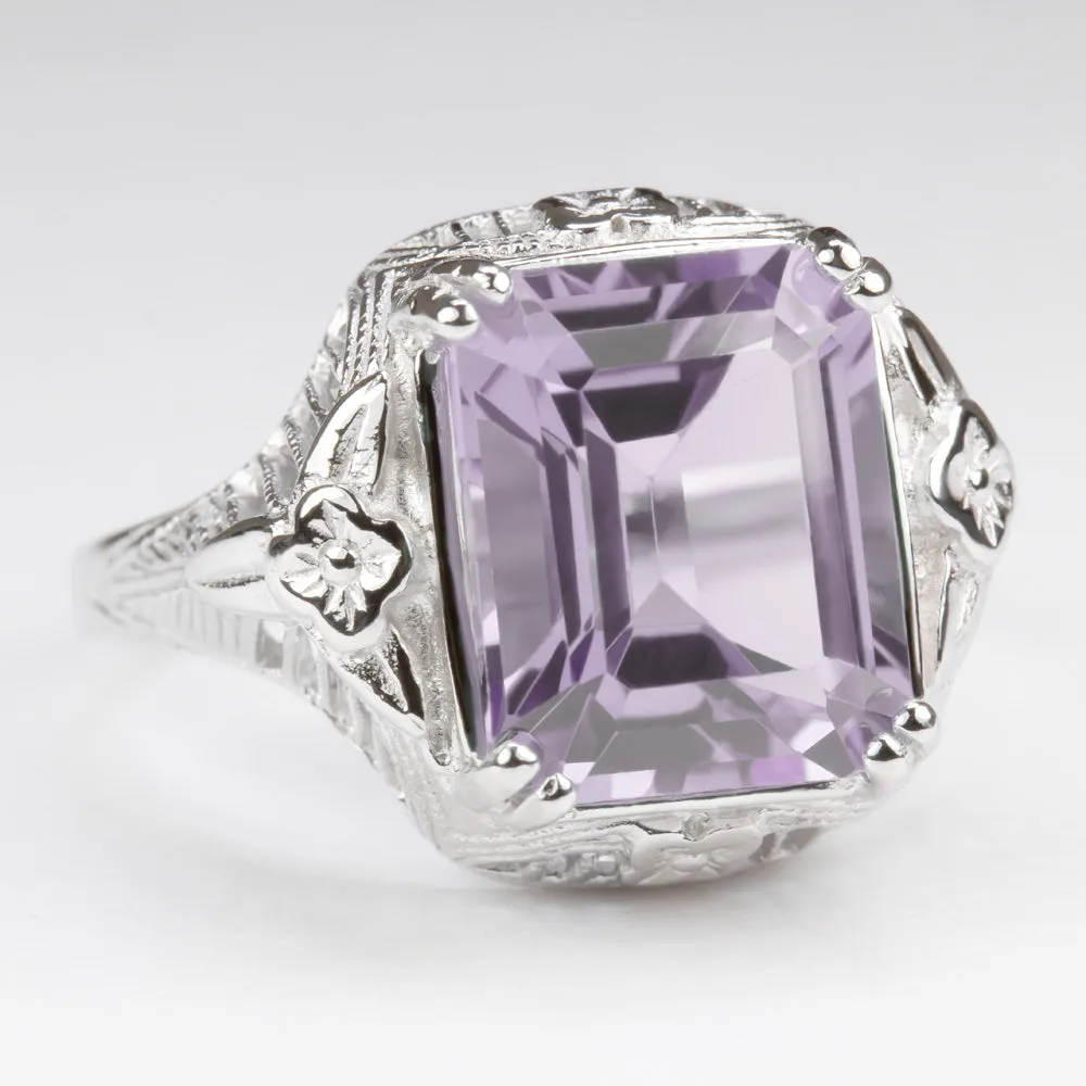 PINK AMETHYST STERLING SILVER VINTAGE STYLE RING ART DECO EMERALD CUT FILIGREE