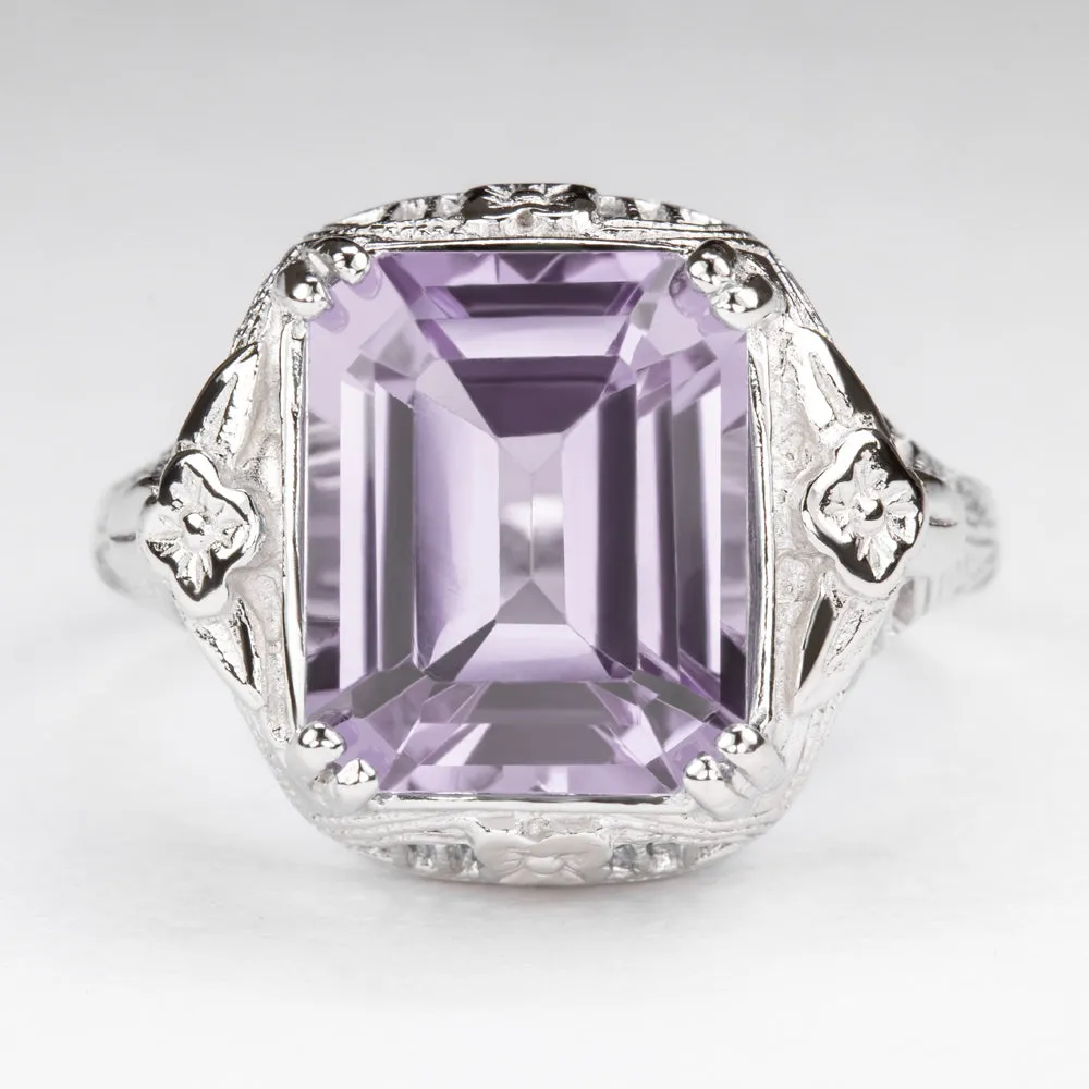 PINK AMETHYST STERLING SILVER VINTAGE STYLE RING ART DECO EMERALD CUT FILIGREE