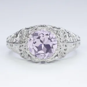 PINK AMETHYST VINTAGE STYLE SOLITAIRE RING STERLING SILVER FILIGREE ART DECO