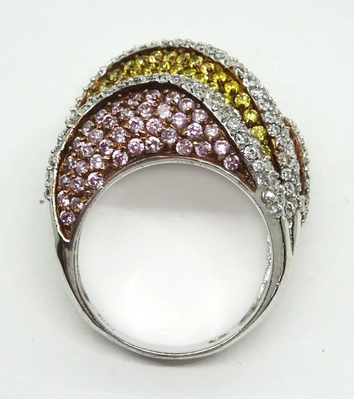 Pink / Yellow / White CZ Sterling Silver Cocktail Ring Size 8.25