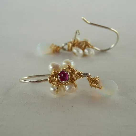 Pink Zircon Pearl Jasmine Flower Earrings