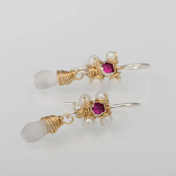 Pink Zircon Pearl Jasmine Flower Earrings