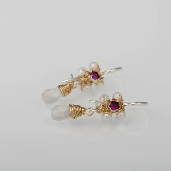 Pink Zircon Pearl Jasmine Flower Earrings