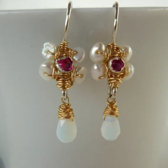 Pink Zircon Pearl Jasmine Flower Earrings