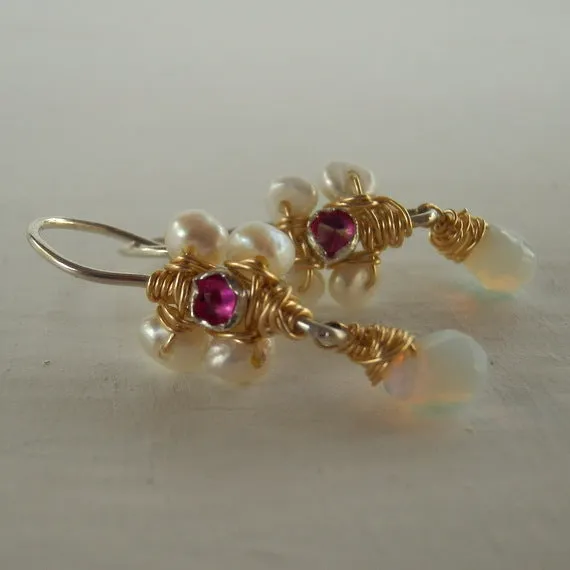 Pink Zircon Pearl Jasmine Flower Earrings