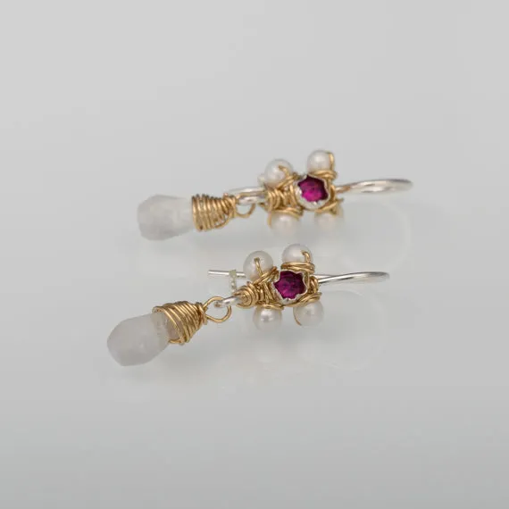 Pink Zircon Pearl Jasmine Flower Earrings