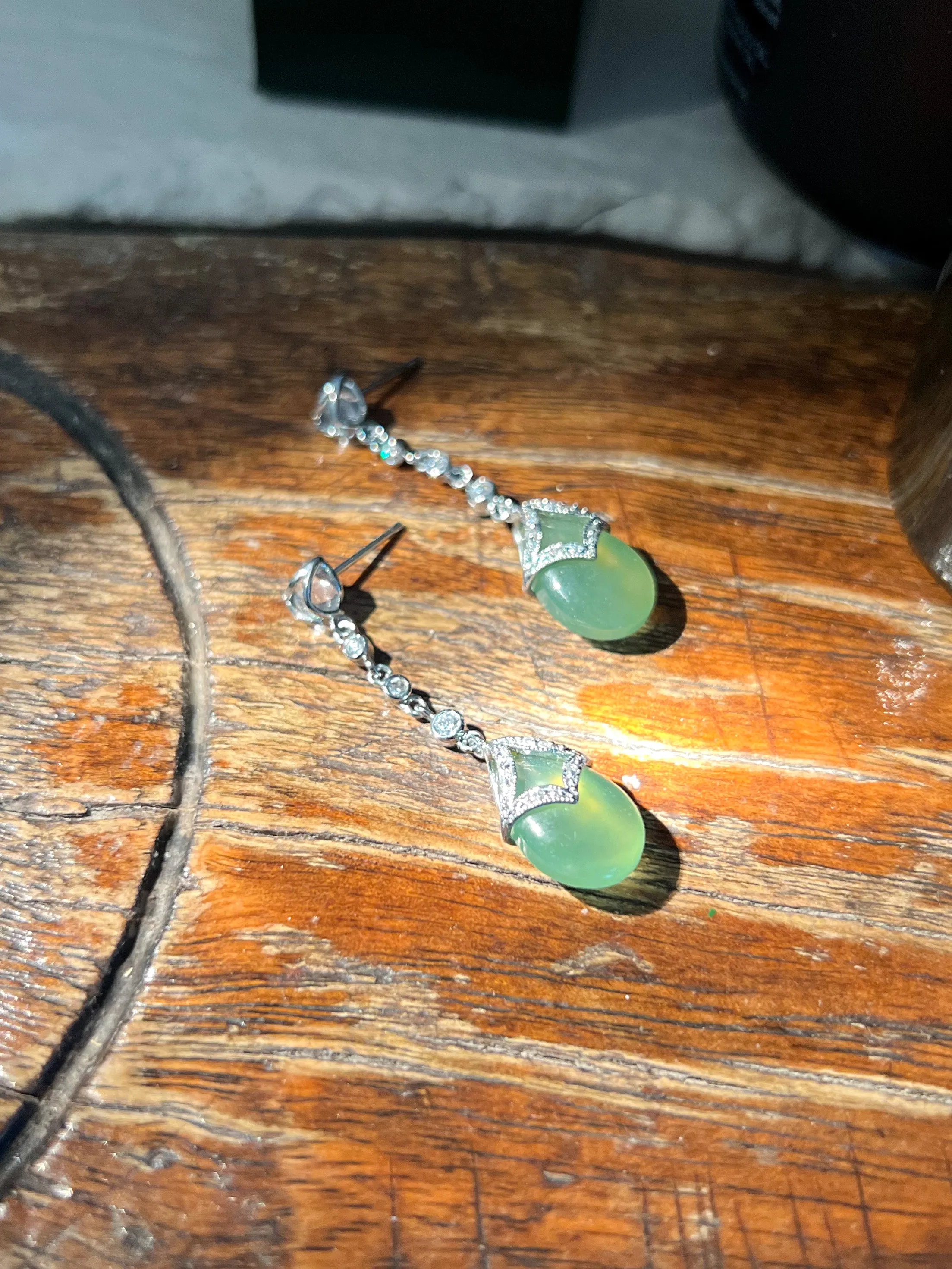 Prehnite & Moonstone Teardrop Earrings in 14k White Gold