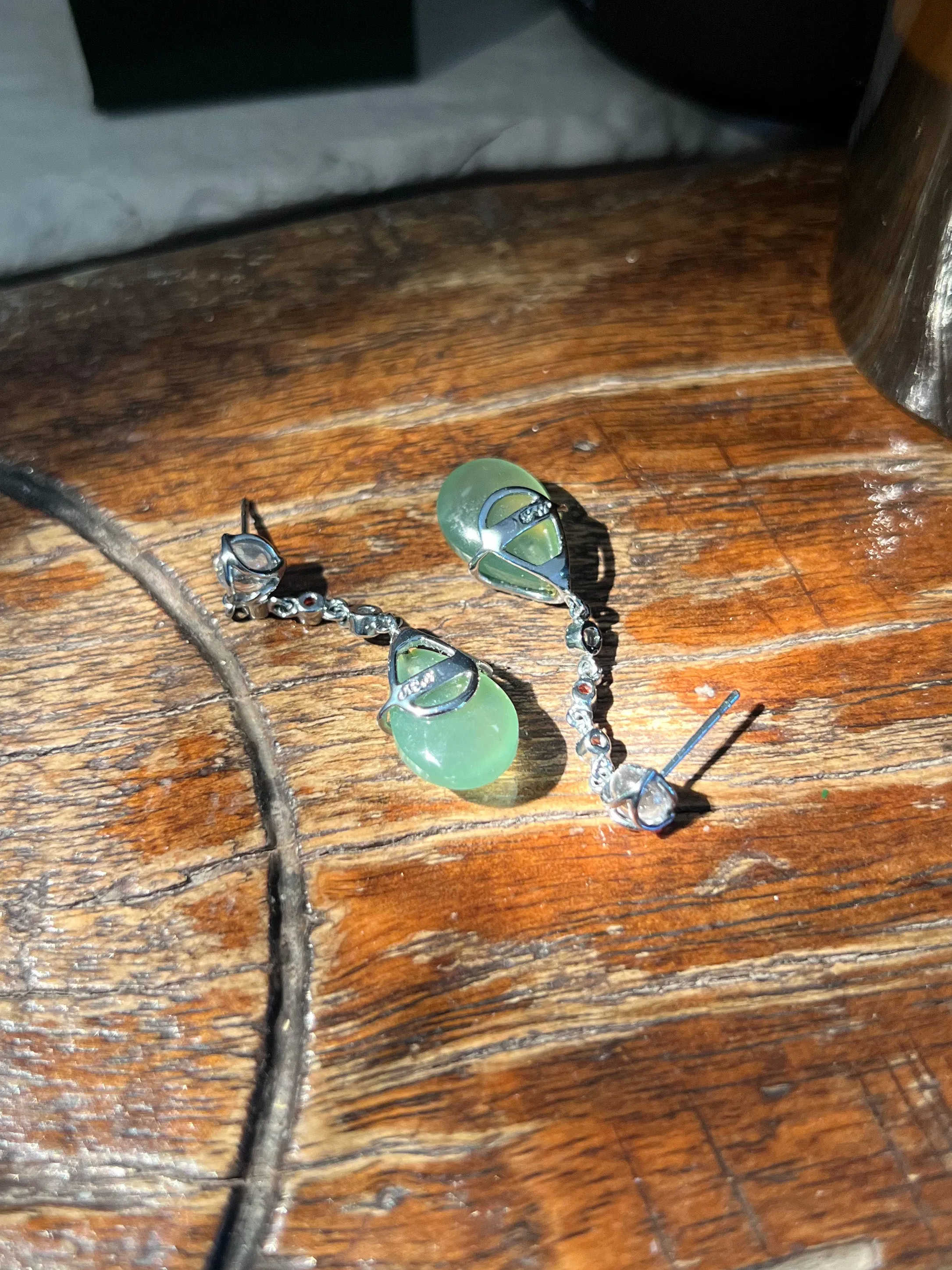 Prehnite & Moonstone Teardrop Earrings in 14k White Gold