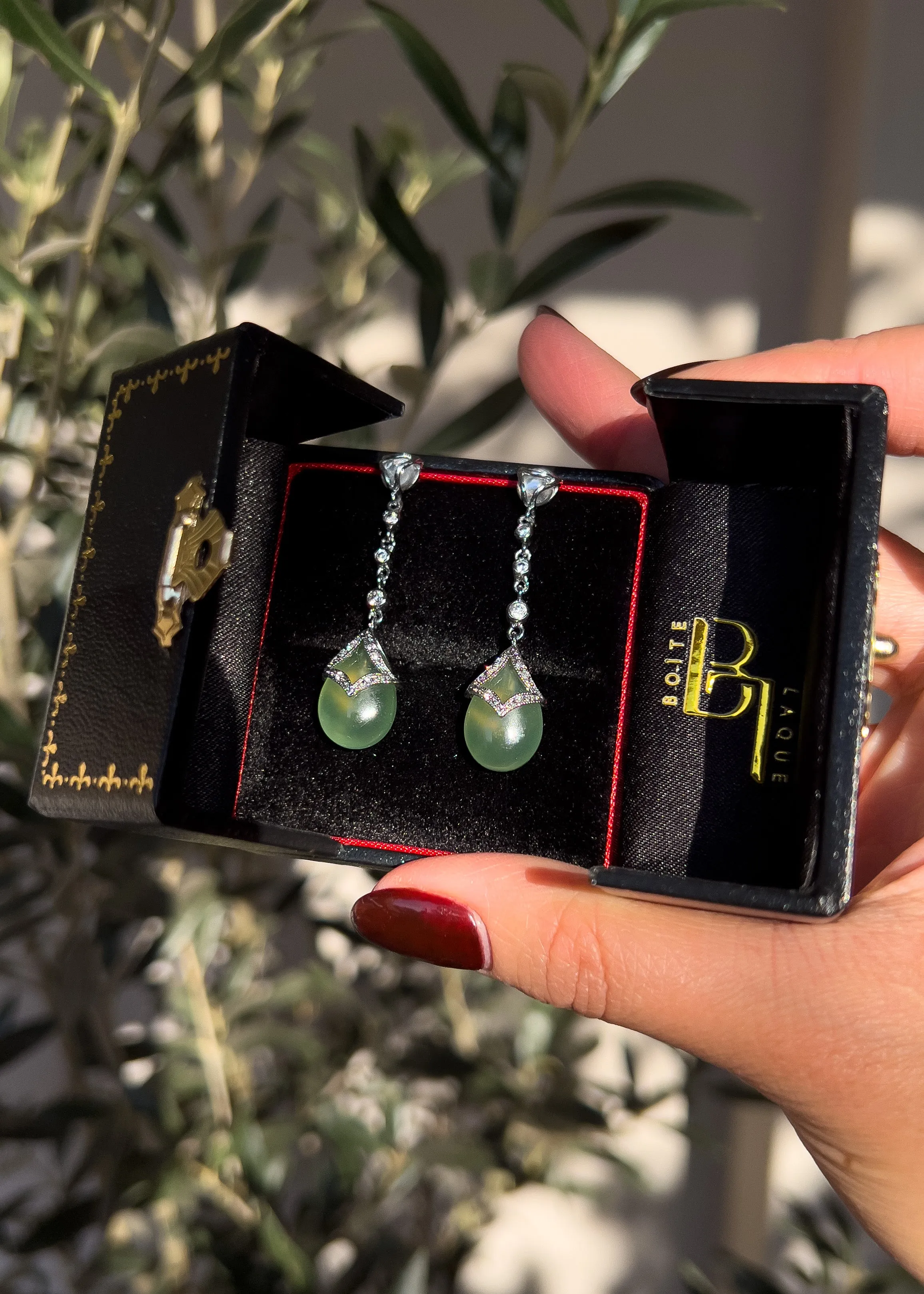 Prehnite & Moonstone Teardrop Earrings in 14k White Gold