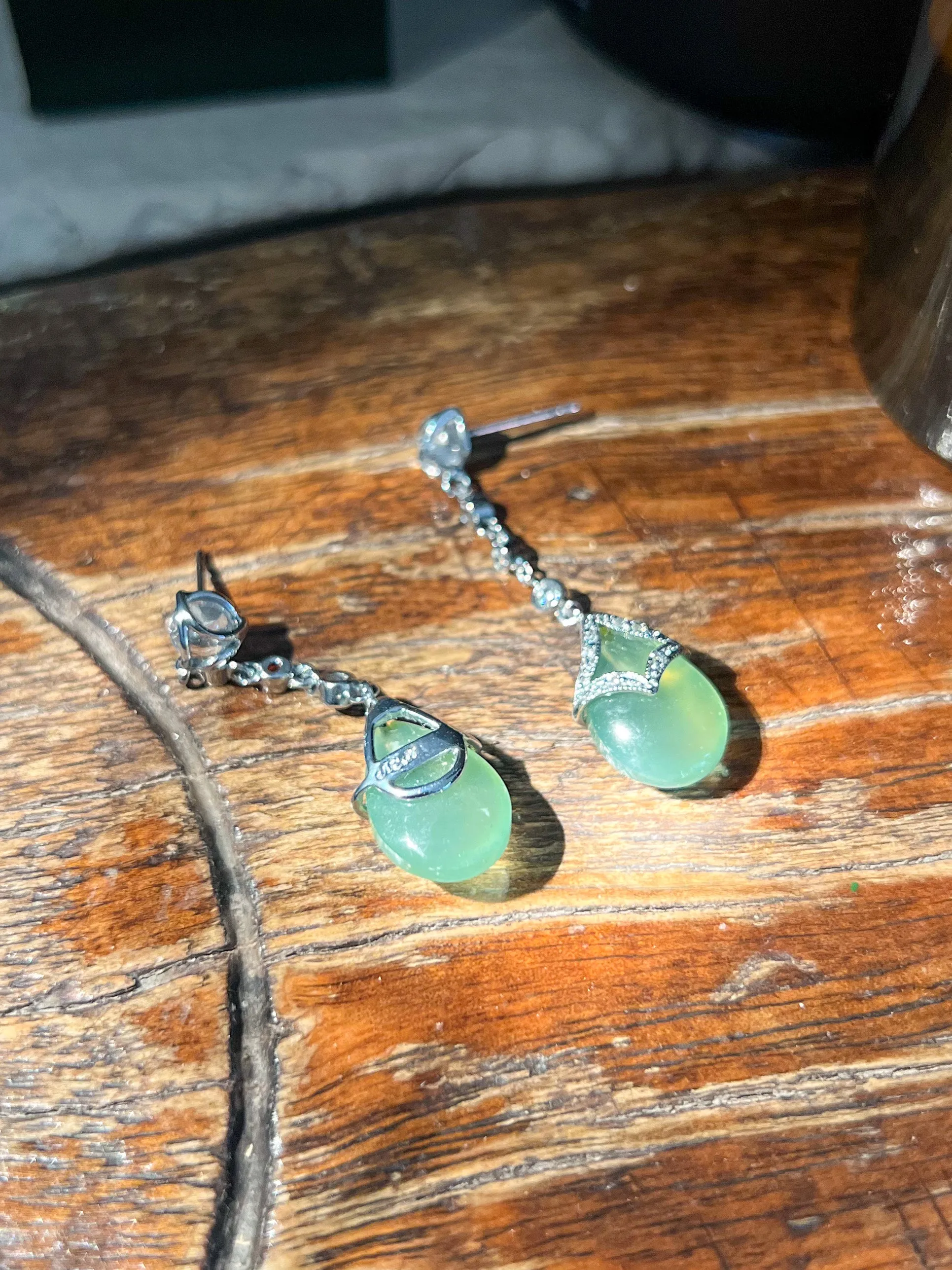 Prehnite & Moonstone Teardrop Earrings in 14k White Gold