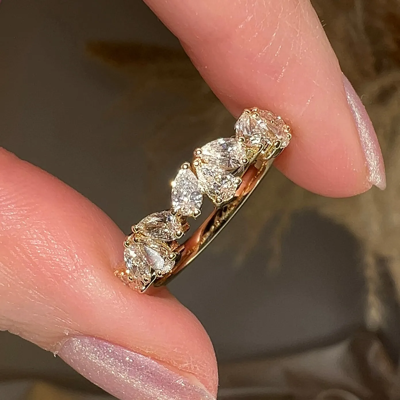 "Nahla" 1 Carat Pear Cut Diamond 18K Yellow Gold Foliage Half Eternity Ring