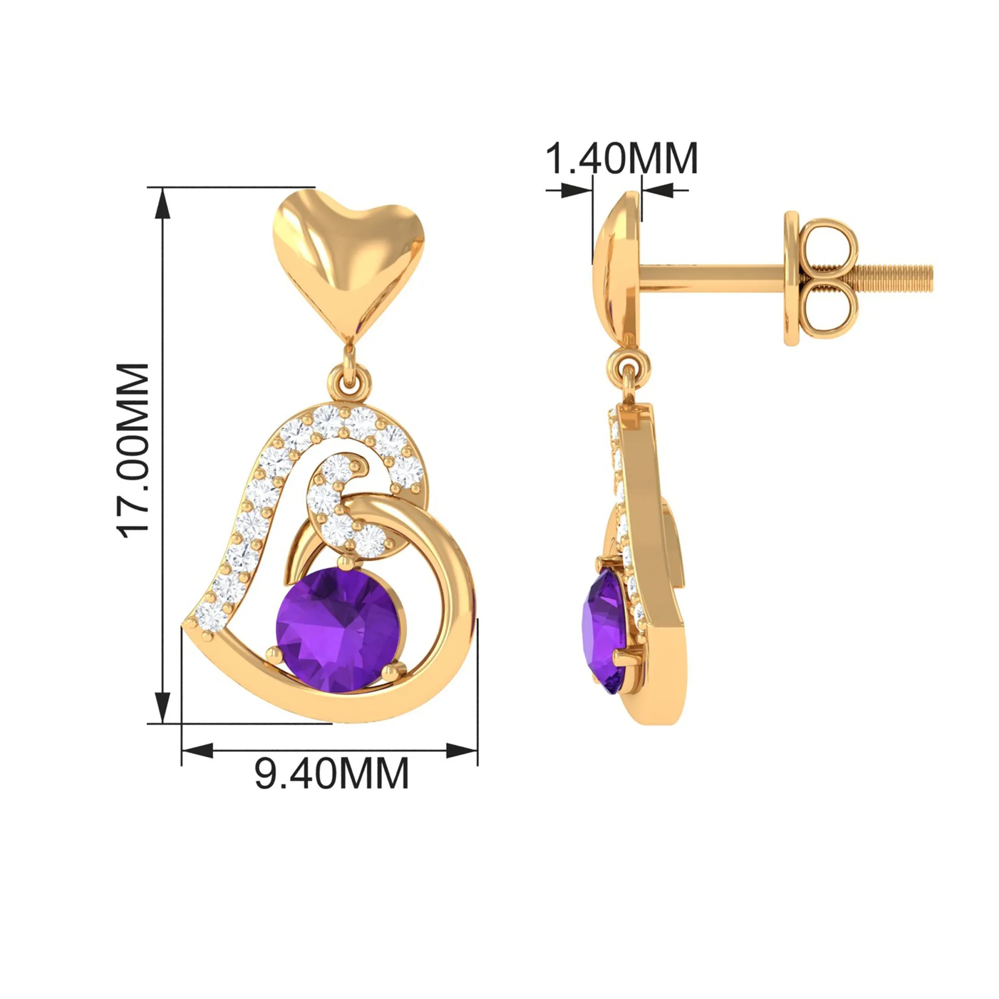 Round Amethyst Heart Drop Earring with Diamond Accent