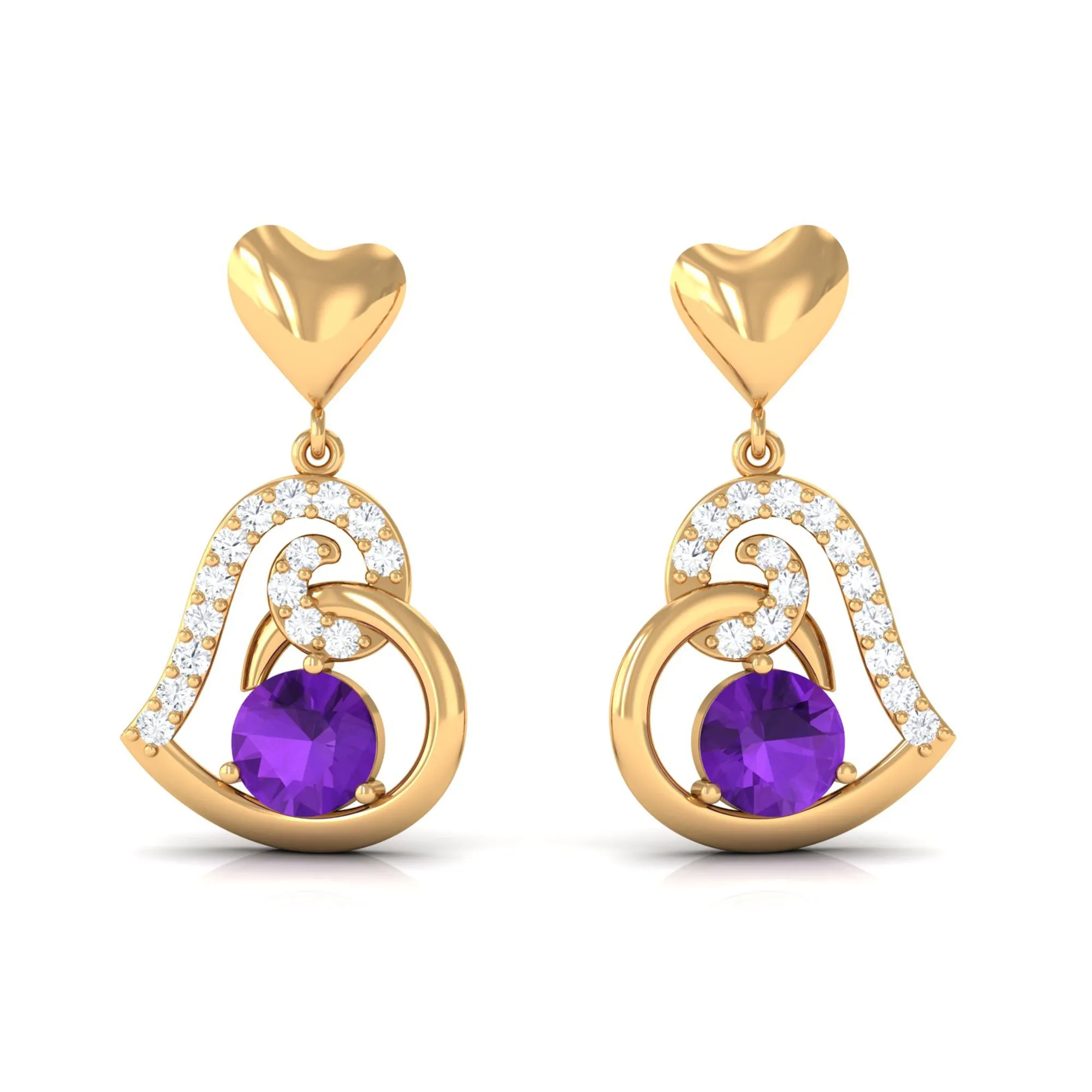 Round Amethyst Heart Drop Earring with Diamond Accent