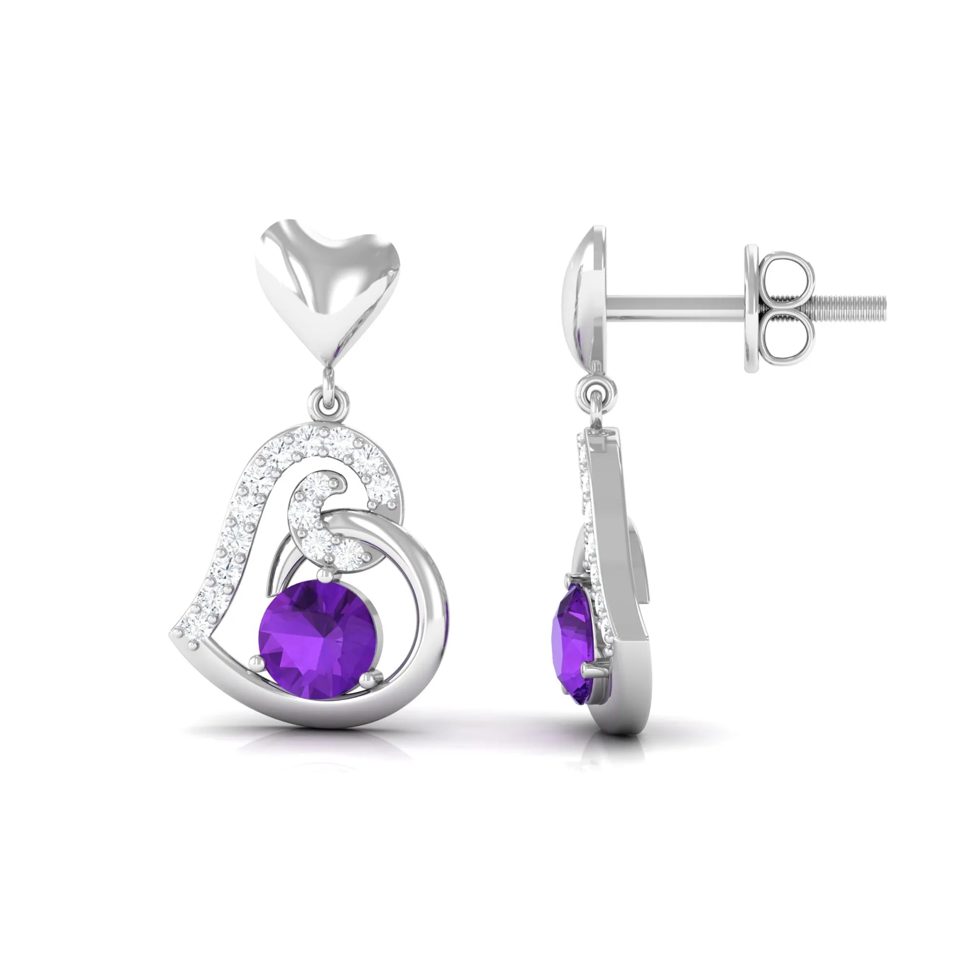 Round Amethyst Heart Drop Earring with Diamond Accent