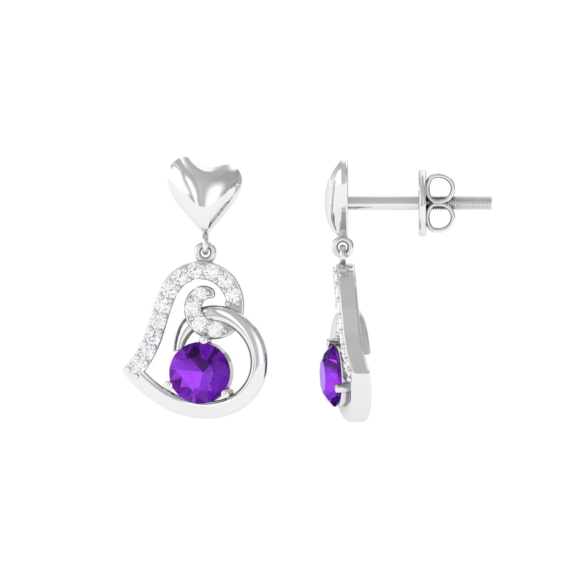 Round Amethyst Heart Drop Earring with Diamond Accent