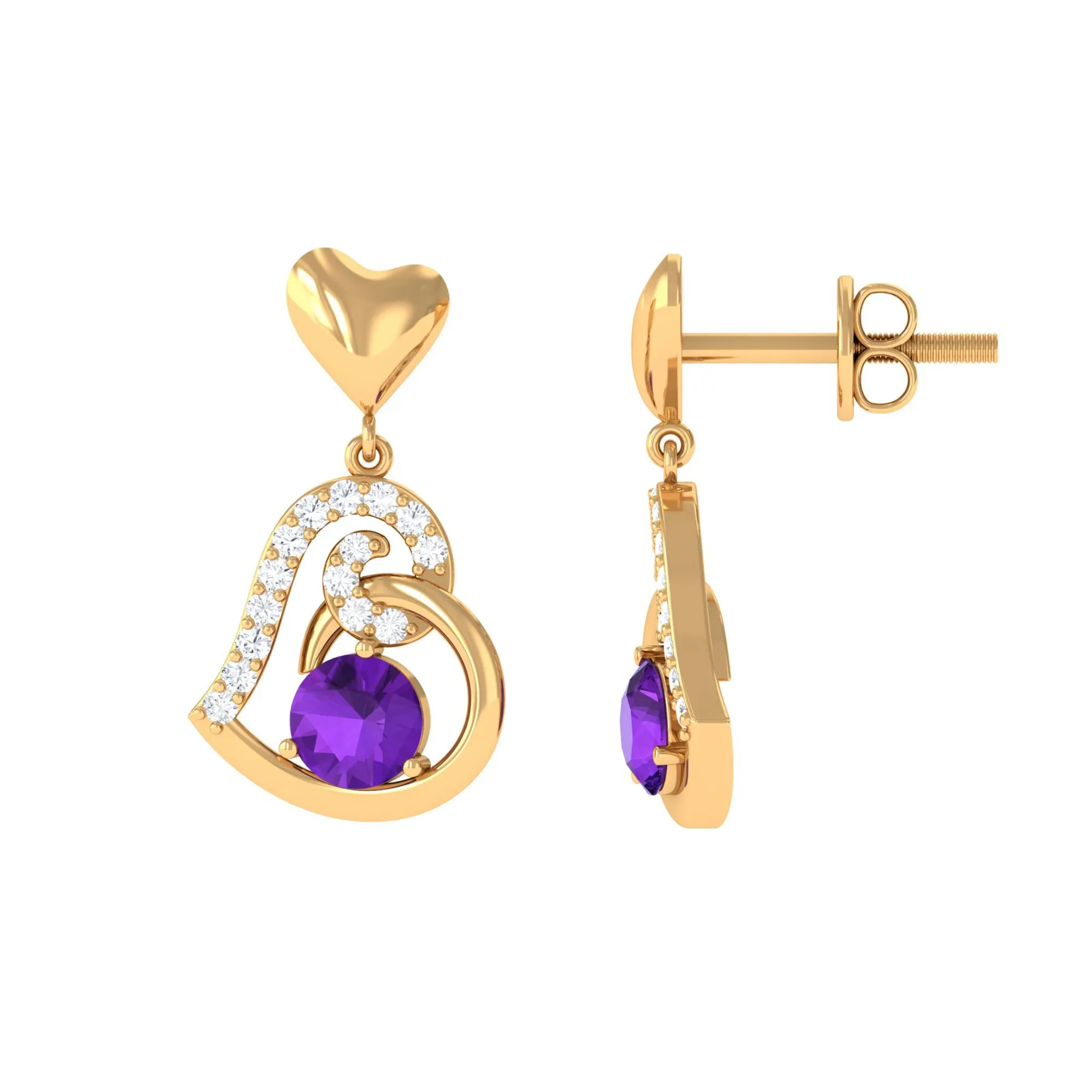 Round Amethyst Heart Drop Earring with Diamond Accent