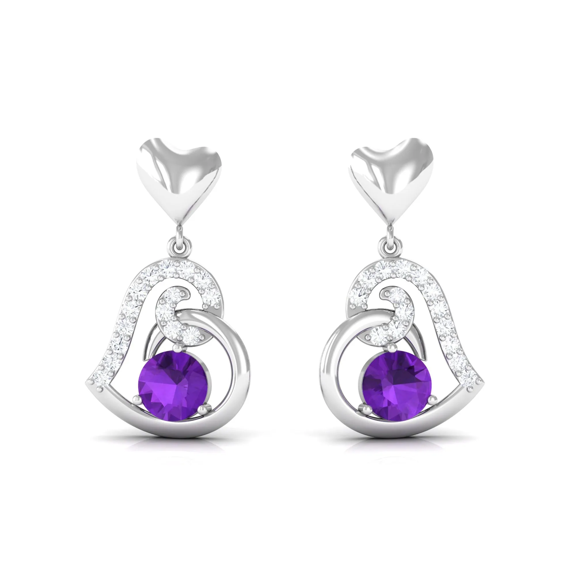 Round Amethyst Heart Drop Earring with Diamond Accent