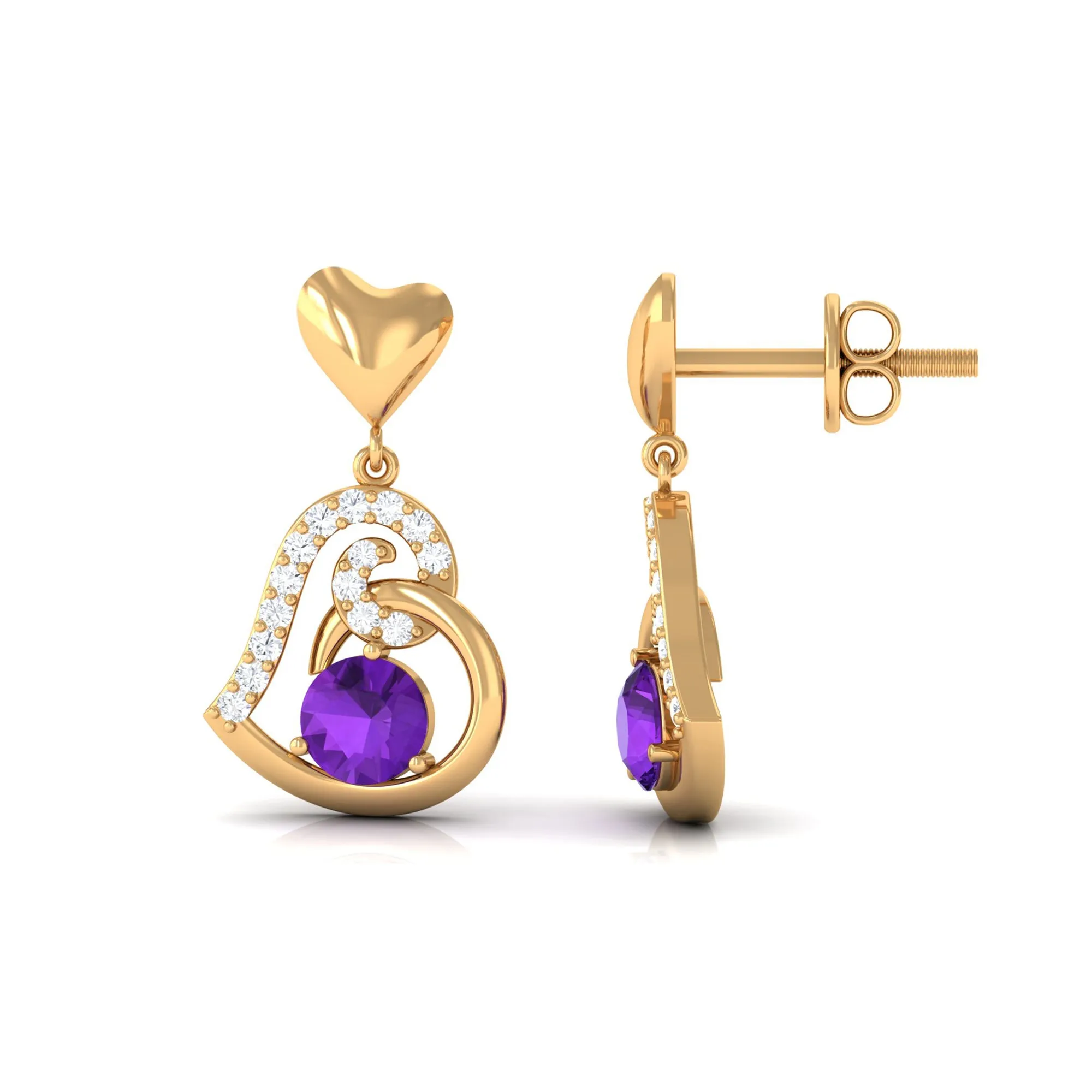 Round Amethyst Heart Drop Earring with Diamond Accent