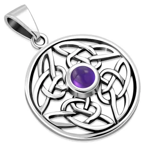 Round Amethyst Stone Celtic Knot Silver Pendant