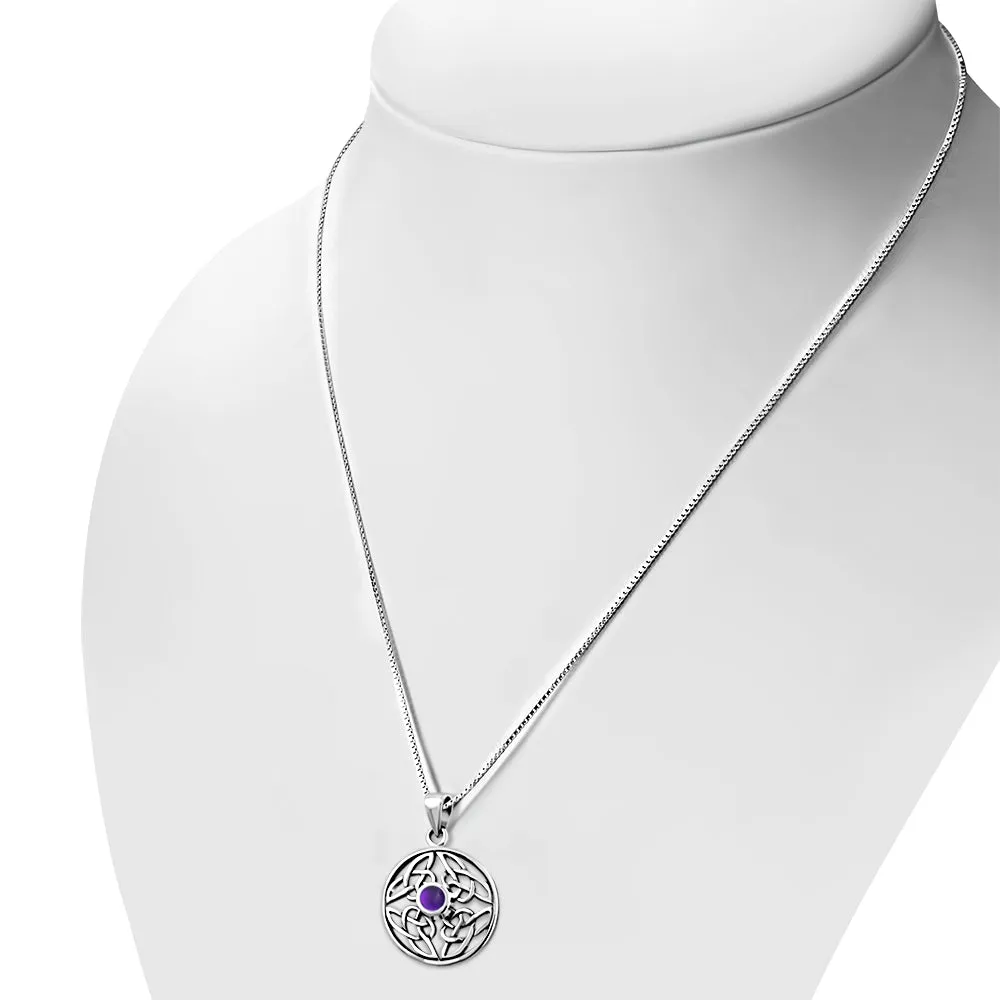 Round Amethyst Stone Celtic Knot Silver Pendant